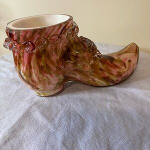 Antique (1890-1920s) Welz Bohemian spatter glass shoe posey vase. Czech. 100+ yr